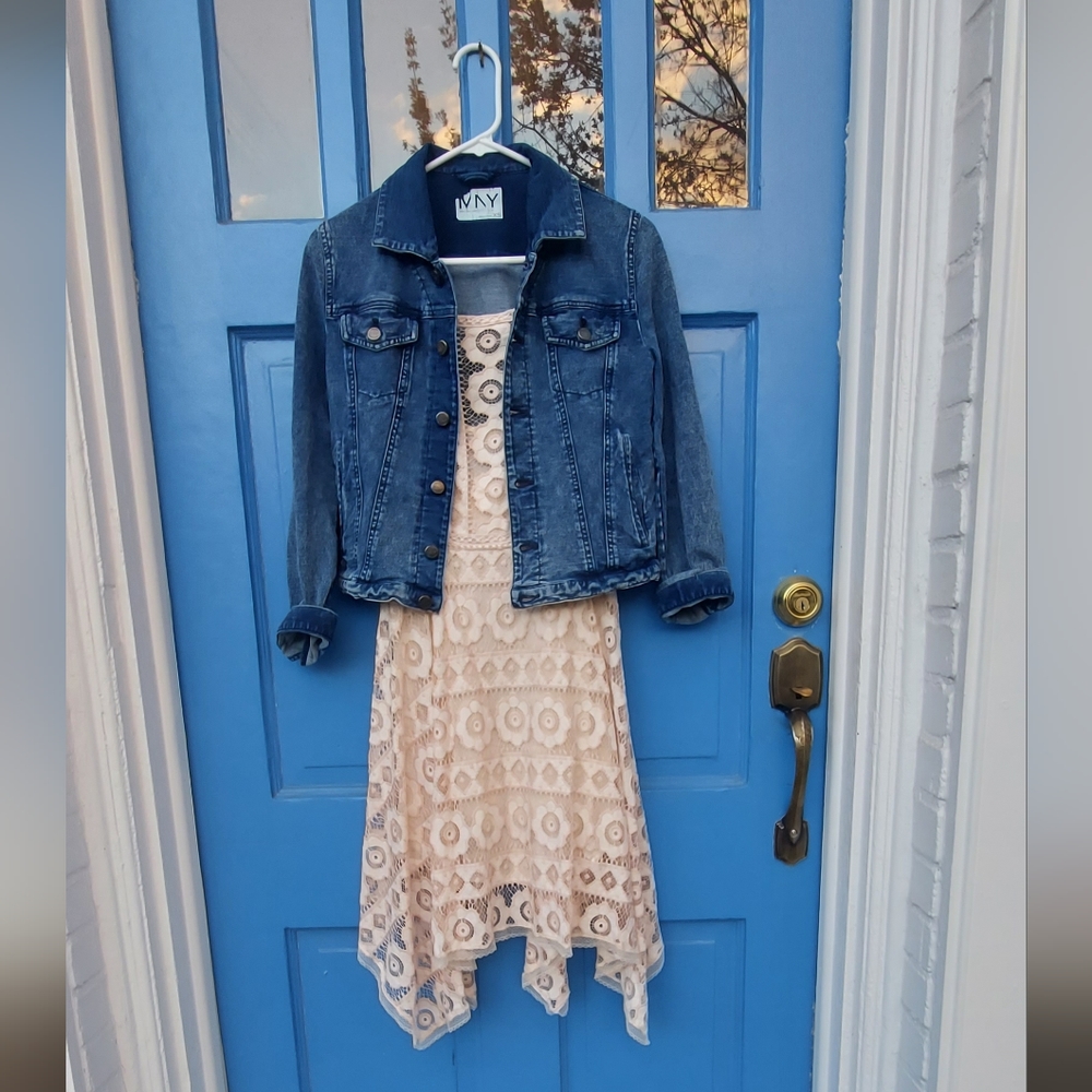 Elegant Cream Lace Dress with Denim Jacket